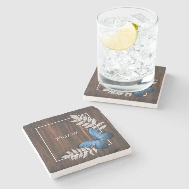 Rustic Blue Butterfly Personalised Stone Coaster (Side)