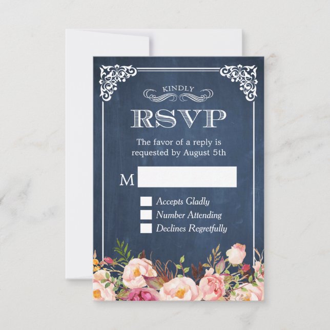 Rustic Blue Chalkboard Pink Floral RSVP Reply (Front)