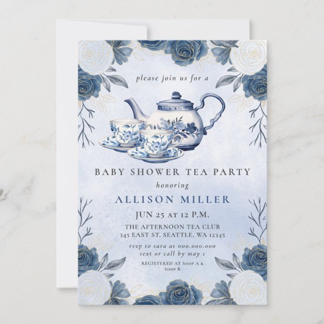 Rustic Blue Chinoiserie Tea Party Baby Shower  Invitation (Front)