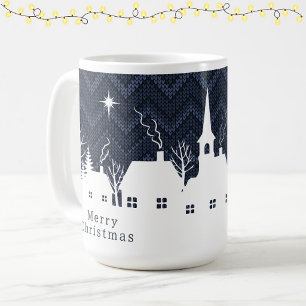 Rustic Blue Christmas Village Chevron Knit Coffee Mug