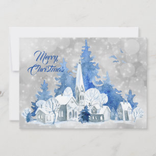 Rustic Blue Church Trees Watercolor Christmas Flat Holiday Card