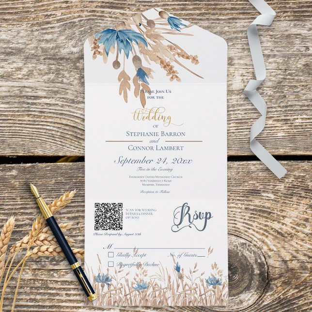 Rustic Blue Cornflowers & Wheat White QR Code All In One Invitation (Also available without a QR code.)