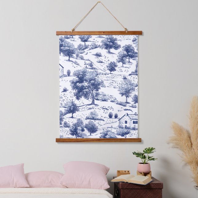 Rustic Blue Countryside Toile Pattern Hanging Tapestry (Bedroom)