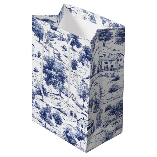 Rustic Blue Countryside Toile Pattern Medium Gift Bag (Front Angled)