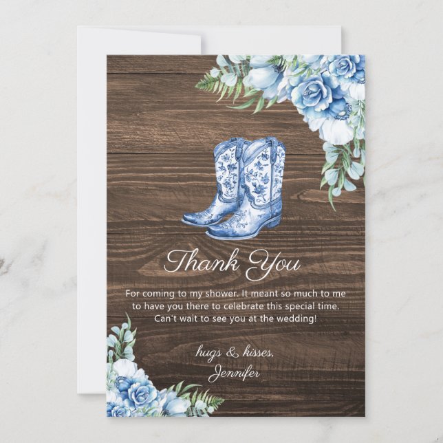 Rustic Blue Cowgirl Boots Bridal Shower Thank You  Card (Front)