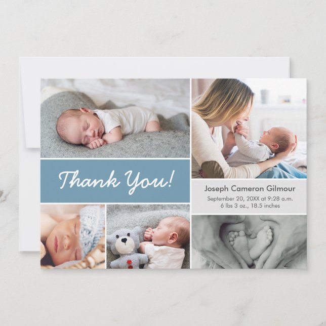 Rustic Blue Custom Photo Collage Baby Boy Birth  Thank You Card (Front)