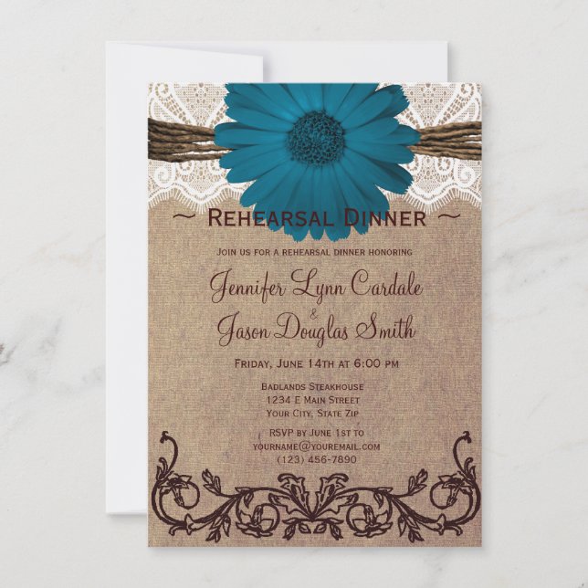 Rustic Blue Daisy Rehearsal Dinner Invitations (Front)