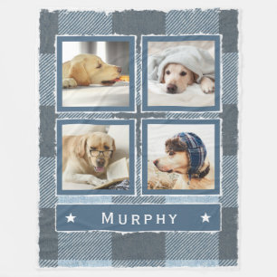 Rustic Blue Denim Buffalo Plaid 4 Photo Dog Large Fleece Blanket