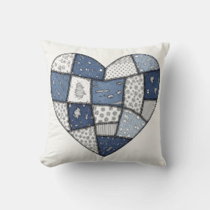 Rustic Blue Denim Patchwork Heart Illustration Cushion
