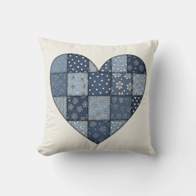 Rustic Blue Denim Patchwork Heart Illustration Cushion (Front)