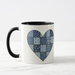 Rustic Blue Denim Patchwork Heart Illustration Mug