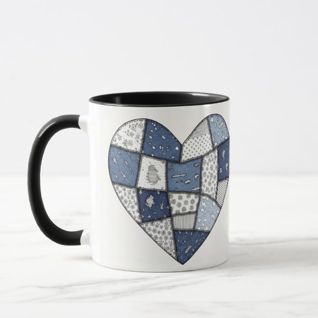 Rustic Blue Denim Patchwork Heart Illustration Mug (Left)