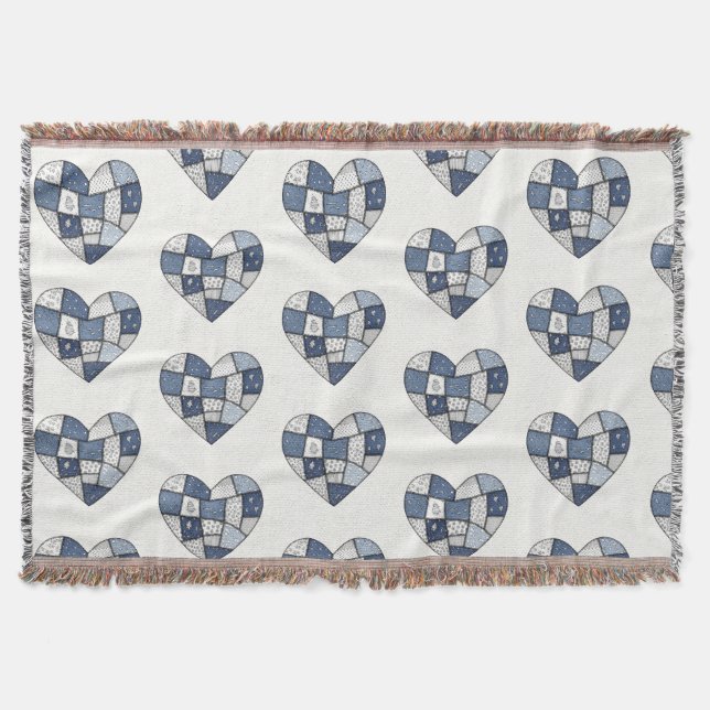 Rustic Blue Denim Patchwork Heart Illustration Throw Blanket (Front)