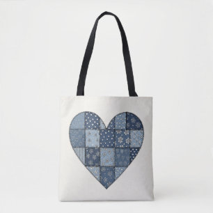 Rustic Blue Denim Patchwork Heart Illustration Tote Bag