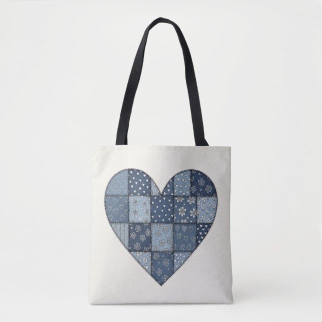 Rustic Blue Denim Patchwork Heart Illustration Tote Bag (Front)