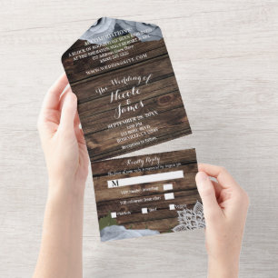 Rustic Blue Dusty Rose Vintage Lace Wedding All In One Invitation