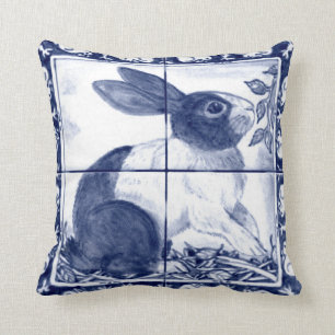 Rustic Blue Dutch Rabbit Dedham Delft Cottagecore Cushion