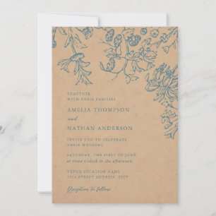 Rustic Blue Elegant Botanical Floral Wedding Invitation