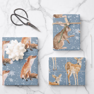 Rustic Blue Elegant Snowy Winter Animals Wrapping Paper Sheet