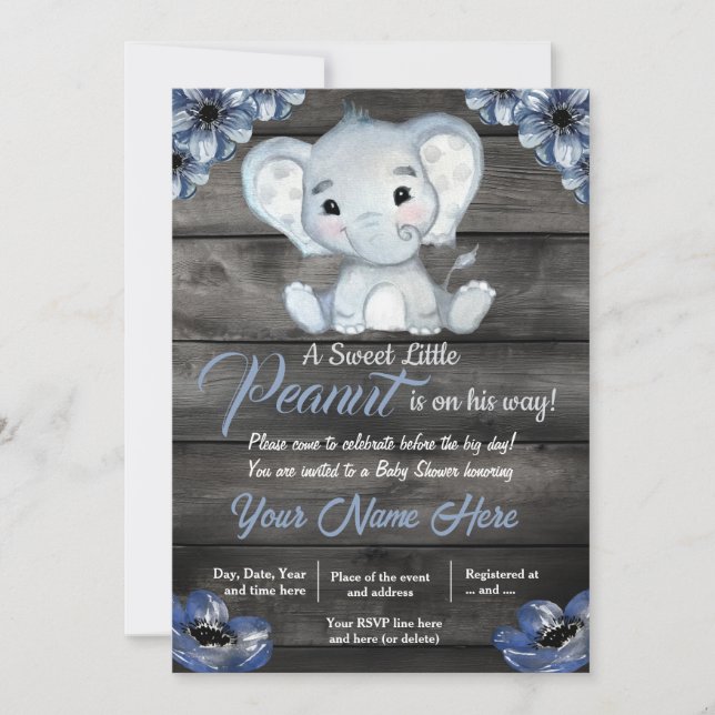 Rustic Blue Elephant Baby Shower Invitation  (Front)