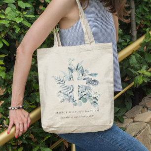 Rustic Blue Eucalyptus Fern Foliage Cross Baptism Tote Bag