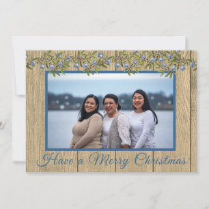 Rustic Blue Family Photo Merry Christmas Holiday Card