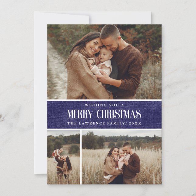 Rustic Blue Farmhouse Christmas 3 Photo Collage Holiday Card (Front)