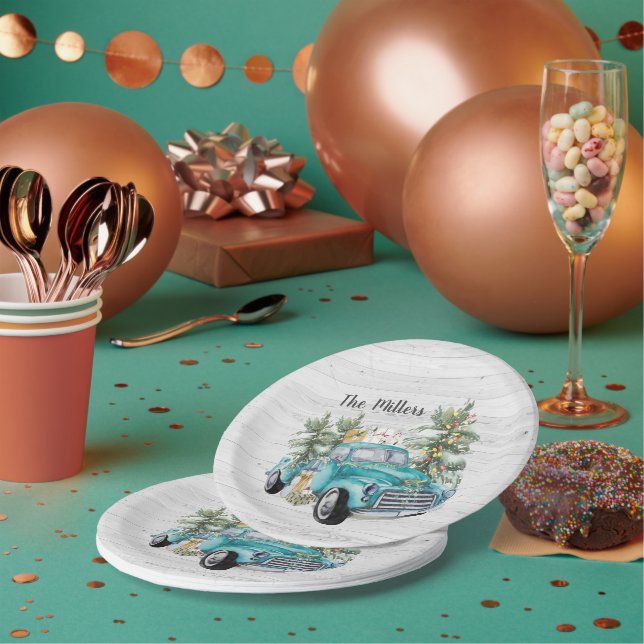 Rustic Blue Farmhouse Truck Christmas Party Paper Plate (Multi)