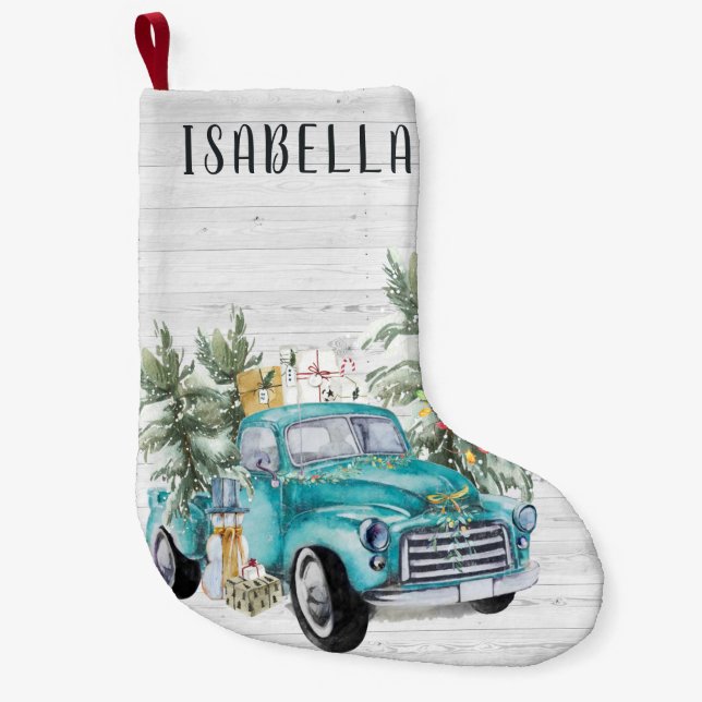 Rustic Blue Farmhouse Truck | Monogram Christmas Small Christmas Stocking (Front)