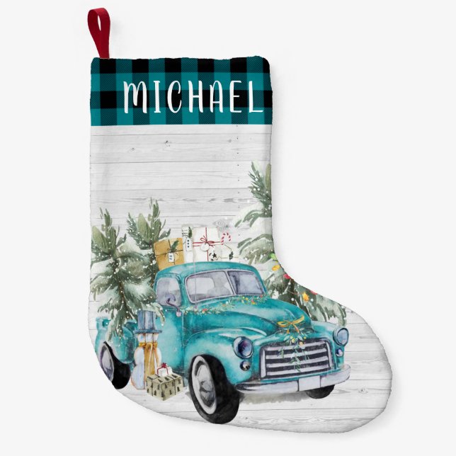 Rustic Blue Farmhouse Truck | Monogram Christmas Small Christmas Stocking (Front)