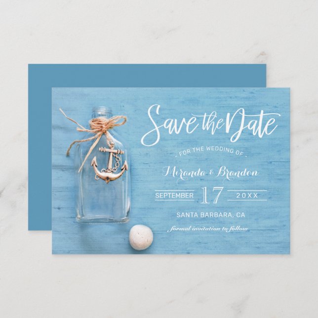 Rustic Blue, Flask, Anchor, Beach Save the Date Invitation (Front/Back)