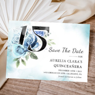 Rustic Blue Floral 15th Birthday Quinceanera Save The Date