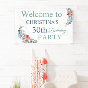 Rustic Blue Floral 50th Birthday Party Welcome Banner