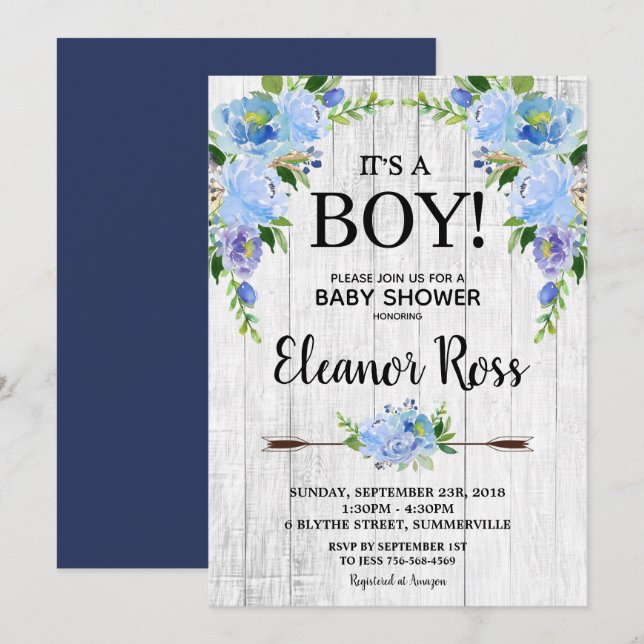 Rustic Blue Floral Baby Shower Flowers Boy Invitation (Front/Back)