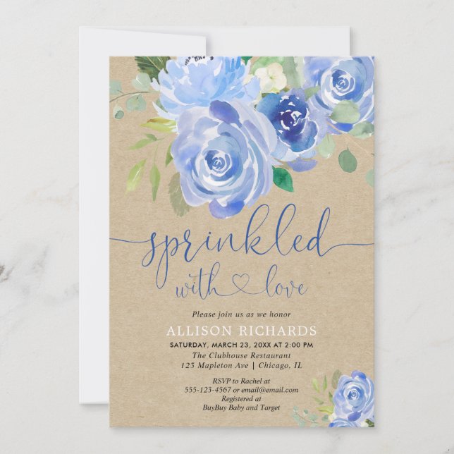 Rustic blue floral baby sprinkle invitation (Front)