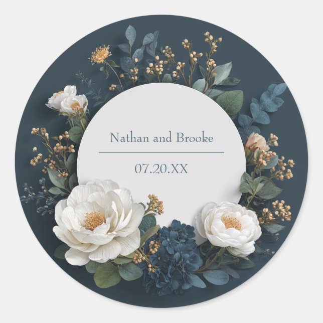 Rustic Blue Floral Botanical Wedding Sticker (Front)