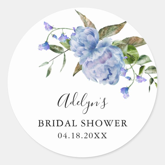 Rustic Blue Floral Bridal Shower Favour   Classic Round Sticker (Front)