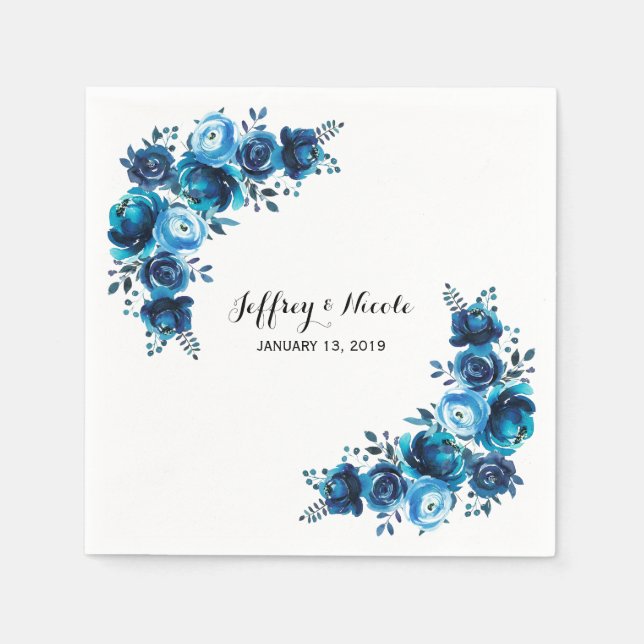 Rustic Blue Floral Country Barn Wedding Napkin (Front)