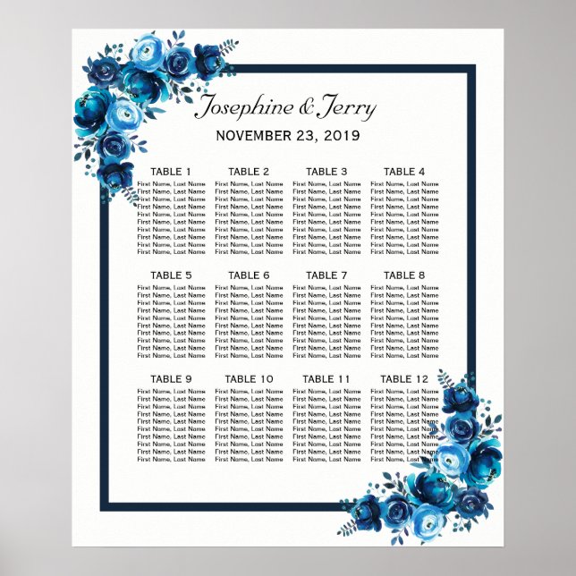 Rustic Blue Floral Country Wedding Seating Chart (Front)