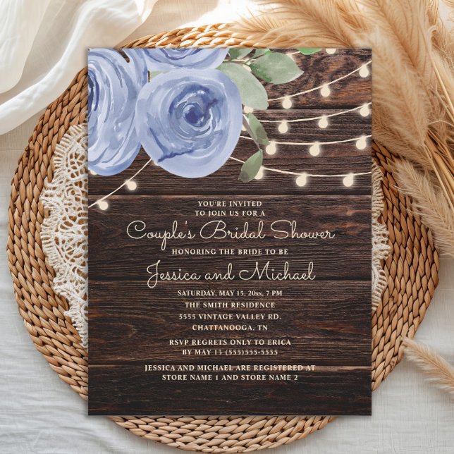 Rustic Blue Floral Couple's Bridal Shower Invitation (Rustic wood and dusty blue watercolor floral couple's bridal shower invitation)