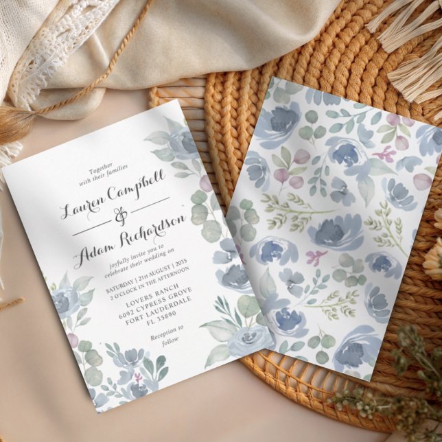 Rustic Blue Floral & Eucalyptus Wedding  Invitation (Creator Uploaded)