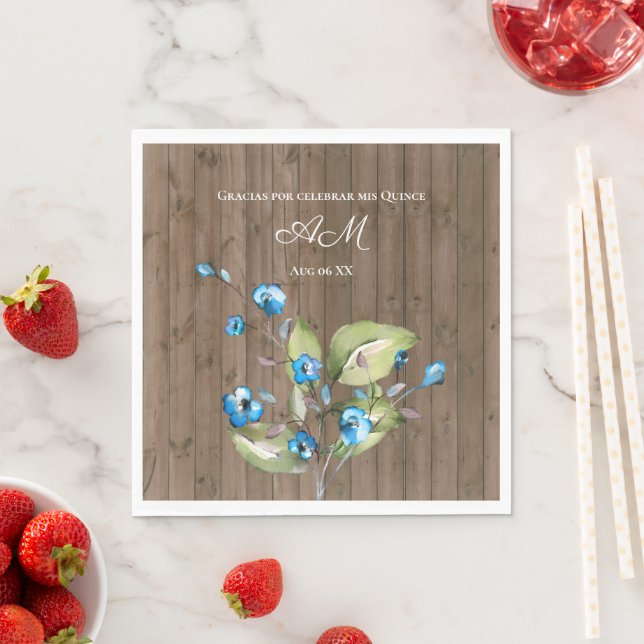 Rustic Blue Floral Gracias Por Celebrar mis Quince Napkin (Insitu)