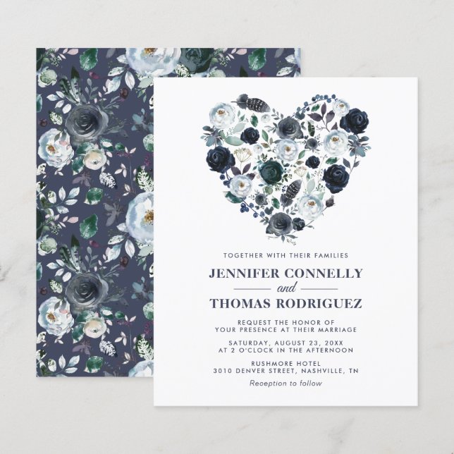 Rustic Blue Floral Heart Budget Wedding Invitation (Front/Back)