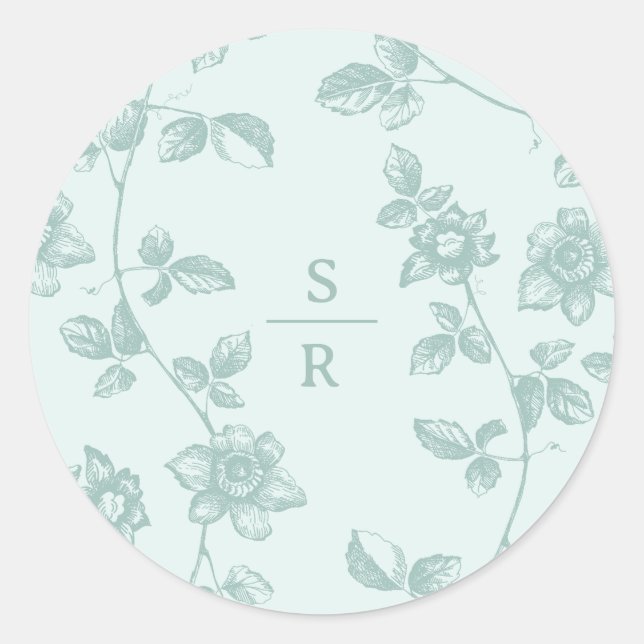 Rustic Blue Floral Monogram Wedding Classic Round Sticker (Front)