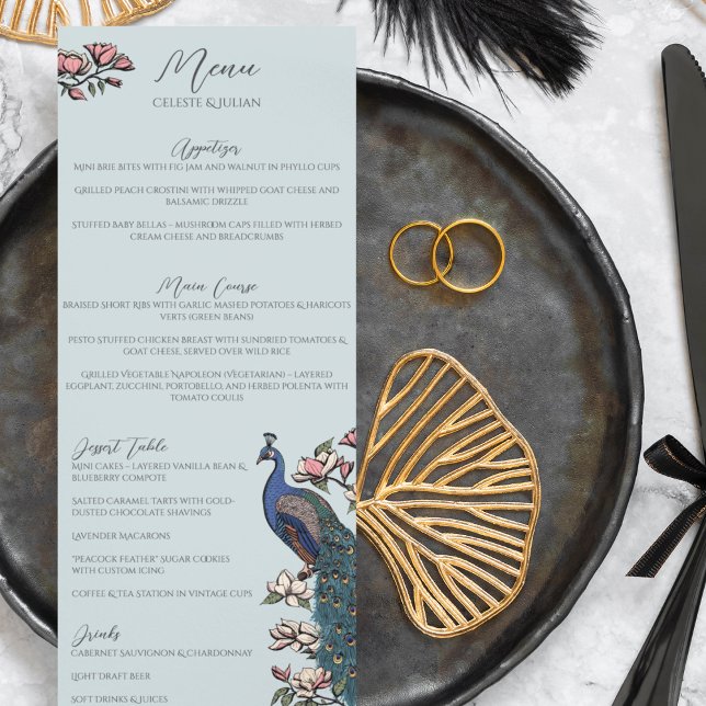 Rustic Blue Floral Peacock Bird Wedding Menu (Rustic Elegant Blue Peacock Chinoiserie Wedding Menu for Wedding, Bridal Shower, Rehearsal Dinner.)