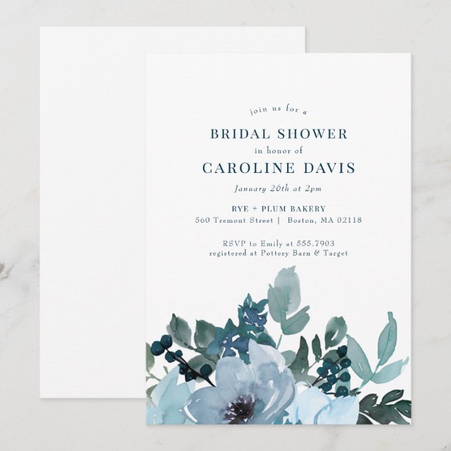Rustic Blue Floral Plaid Bridal Shower Invitation (Front/Back)