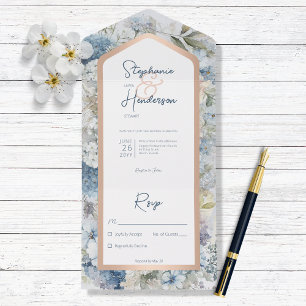 Rustic Blue Floral & Rose Gold No Dinner All In One Invitation