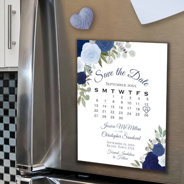 Rustic Blue Floral Save the Date Calendar Magnet (Creator Uploaded)