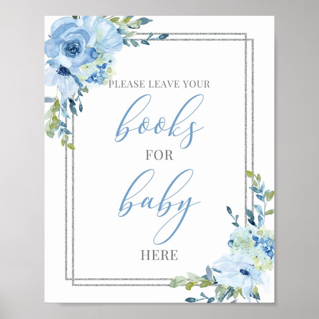 Rustic blue floral silver chic books for baby sign (Front)