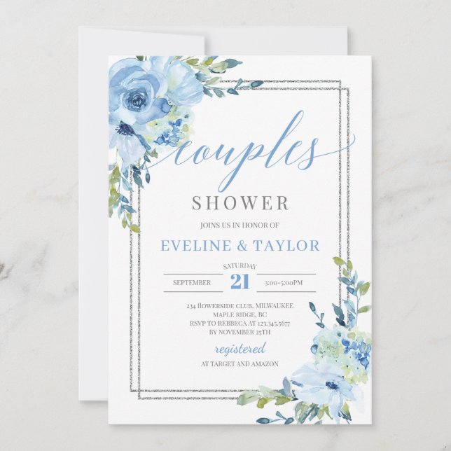 Rustic blue floral silver frame couples shower invitation (Front)